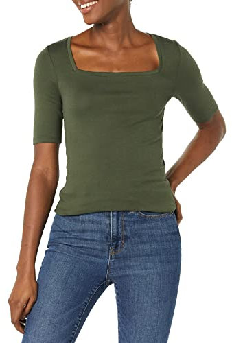Amazon Essentials T-Shirt Aderente con Scollo Quadrato e Mezze Maniche Donna, Verde Oliva, L
