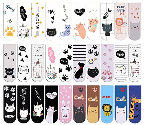 MWOOT 30 Stück Katze Magnetische Lesezeichen,Unterlagen Bücher Magnet Seitenmarker,Magnetic Bookmarks Seiten Clips für Studenten Lesen(2x6cm,30 Stil)