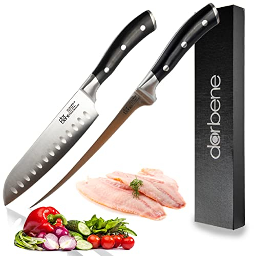 DarBene C-Series 2teilig Profi Küchenmesser aus deutschem Edelstahl, Filetiermesser 18cm, Santoku Messer 19cm extrem scharfe Klinge, ergonomischer ABS Griff, nachschleifbar