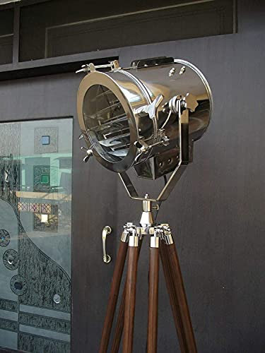 Hollywood Vintage Marine Nautical Industrial Spotlight Floor Lamp Tripod Stand Wood Tripod Floor Lamp, Mid Century Standing Lamp, Modern Design Studying Light for Living Room, Bedroom,