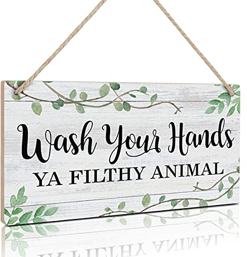 TOARTi Bathroom Sign,Wash Your Hands Ya Filthy Animal Wall Decor,Funny Bathroom Wooden Hanging Wall Art, Green Plant Wood Plaques For Toilet Washroom Decor Home Gift(6''x 11'',Ready to Hang)