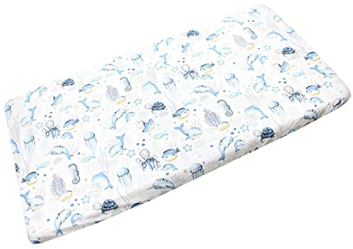 TupTam Baby Spannbettlaken Kinder Spannbetttuch für Babybett Kinderbett Gemustert, Farbe: Meerestiere Blau, Größe: 70 x 140 cm
