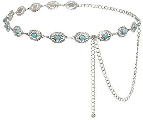 LEACOOLKEY Women Western Boho Chain Belt Country Concho Cowgirl Turquoise chain Belt,silver
