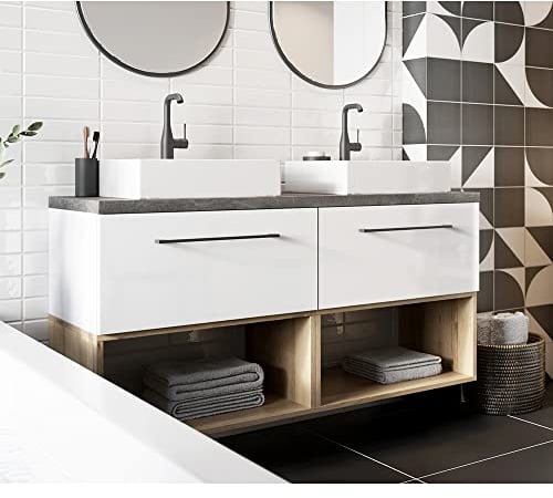 Lomadox Badezimmer Doppelwaschtisch in weiß Hochglanz lackiert inkl. Keramik Waschbecken und schwarzen Metallgriffen mit Beton-Dunkel und Trüffel Buche Nb., B/H/T ca. 120/72,5/46 cm