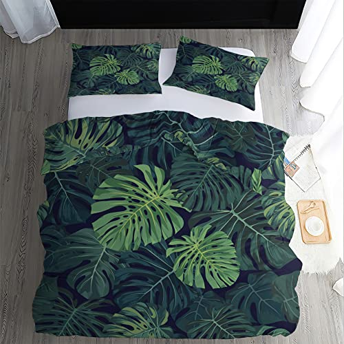 Bettwäsche Monstera 155 x 220 cm 2teilig Set - Wendebettwäsche Bettbezug Grün mit 1 Kissenbezüge 80x80 cm, Mikrofaser Bettwäsche-Set mit Reißverschluss