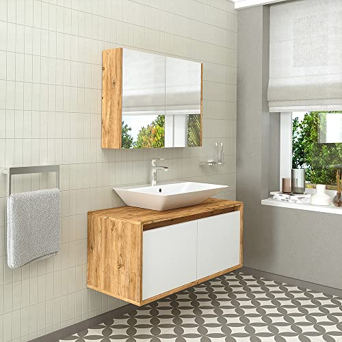 ROOMART • Badmöbel Set • Atlantic • 3-teilig • Keramik Waschbecken mit Unterschrank 65 cm, 85 cm, 100 cm, Spiegelschrank 80 cm (Weiß - Eiche, 100 cm)
