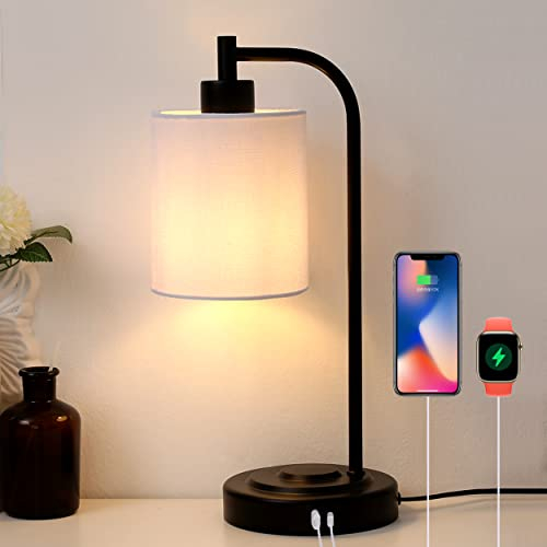 Hi-ERA Touch Control Table Lamp with Dual USB A+C Charging Ports, Fabric Shade & Metal Base, Bedside Lamp for Bedroom, Office, Study Room (Bulb Included)