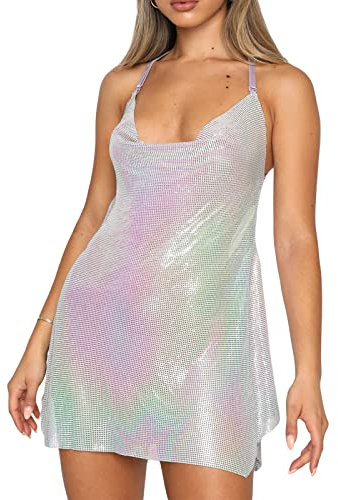 FeMereina Vestito da donna con paillettes sexy con scollo a V e cinturino con spalline incrociate senza schienale Mini abiti scintillanti Glitter Club Party Dresses, Viola, Taglia unica