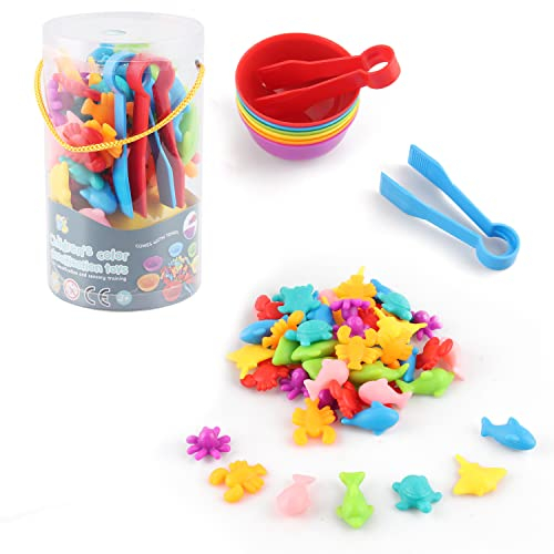 Binggunyo Jeux Montessori 2 3 4 5 Ans, 56 pièces Animaux Marins Jouet pour Comptage et Tri avec Bol et Pince à Épiler Assortis, Jeux Educatif 3 Ans Motricité Fine, Mathématiques