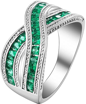 Whoiy Ring Verlobung Eckig, Ring Personalisiert Damen Silber Eheringe Form mit Grünem Zirkonia 60 (19.1) Verlobungsring für Frauen