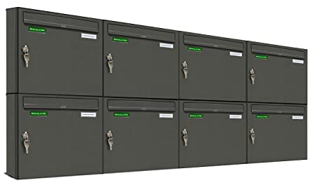 AL Briefkastensysteme Basic 8er Briefkasten DB 703 Eisenglimmer Grau 8 Fach DIN A4 wetterfest Briefkastenanlage mit Posthaltebügel und 2 Namensschildern