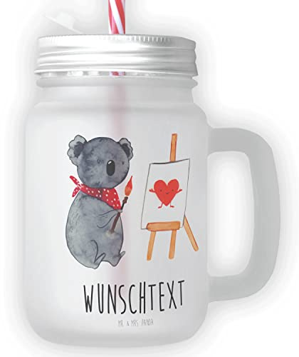 Mr. & Mrs. Panda Personalisiertes Trinkglas Mason Jar Koala Künstler - Personalisierte Geschenke, Zeichnen, Saftglas Mit Gravur, Liebesgeschenk, Gefühle, Smoothieglas Wunschtext, Handgemachtes Glas