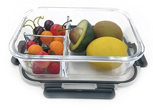 Generic Minimalist Three Compartment Glass Food Container, 20.7 cm (L) x 13.3 cm (W) x 7 cm (H), BPA-Free, Leakproof, Microwave & Oven Safe