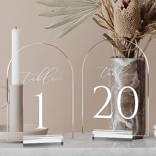 JINMURY transparente Tischnummern für Hochzeit 13 x 18 cm, Acryl-Tischnummern 1 - 20 mit Ständer, mattierter Acrylbogen, Tischschild mit Halter für Tafelaufsatz, Empfang, Hochzeit, Party