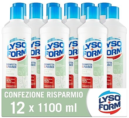 Lysoform Pavimenti Superfici Delicate Gres e Piastrelle, Detersivo Pavimenti, Aiuta a Rimuovere gli Allergeni, Lieviti e Muffe, con Fragranza Biodegradabile, 12 Pezzi da 1100 ml