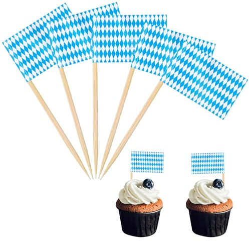 POPOYU 100 Stück Bayern Oktoberfest Zahnstocher Flaggen,Oktoberfest Flagge Fahne Klein Cocktail Tischdeko für Bayerisches Oktoberfest Deko Obst Geschirr Cupcake-Topper,Zahnstocher,Pub-deko
