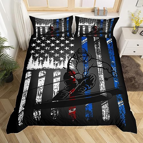 Manfei Amerikanische Flagge Bettbezug Set Ski Sport Spiele Bettwäsche Set S Größe Kinder Jungen Schwarz Skifahrer Silhouette Tröster Abdeckung Weiß Snowboard Sterne Streifen Kiefer Muster Quilt Cover