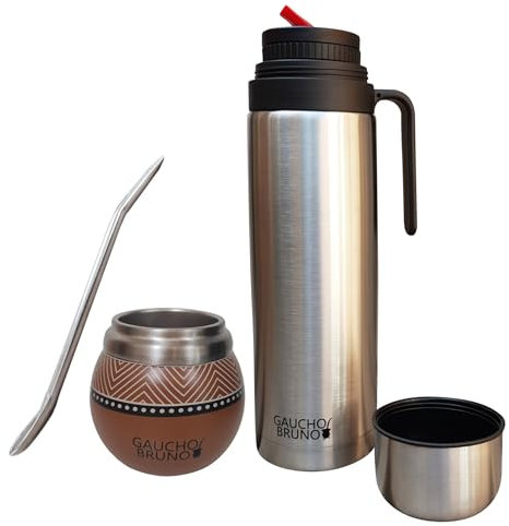Gaucho Bruno - Mate de Acero Inoxidable para Beber Yerba Mate | Mantiene la temperatura de la bebida | Con Bombilla y termo de 1 litro con pico vertedor de precisión pico Cebador