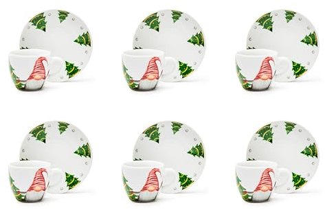 Excelsa Gnomo Friends Lot de 6 tasses à café avec soucoupe, porcelaine, capacité 70 ml.