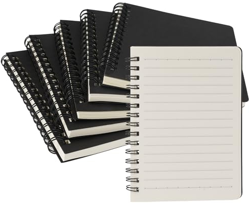 6 Stück Notizblock Spiralbindung A6, 14×10cm Spirale Notizblock, Klein Journal Notizbuch mit Horizontale Linienführung, Schwarzer Rindslederbezug Notizblöcke, A6 Notizzettel für Büro Schule, 50 Blatt