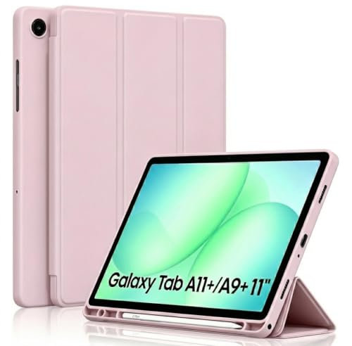 Hülle Kompatibel mit Samsung Galaxy Tab A11+ Plus 11 Zoll 2025 / Tab A9+ Plus 2023 Hülle mit Stifthalter, Trifold Ständer Schutzhülle, Auto Schlafen/Wachen, Rosa