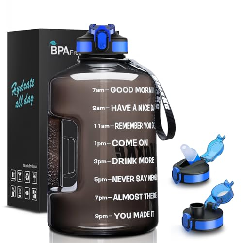 SLUXKE 3.78L Water Bottle with Straw and Chug Lids, Motivational Sports Water Bottle with Time Marker BPA Free, Leakproof Resuable Fitness Water Jug for Gym, Training (2 LIDS, BLACK)