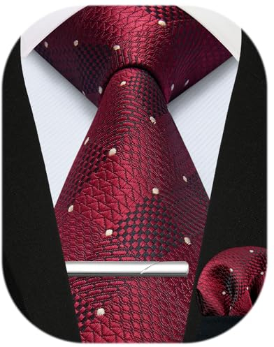 Enlision Herren Krawatten Karierte Krawatte und Einstecktuch krawattenklammer Set Einfarbige Krawatte Rot Taschentuch Krawattennadel Für Männer Hochzeit Business