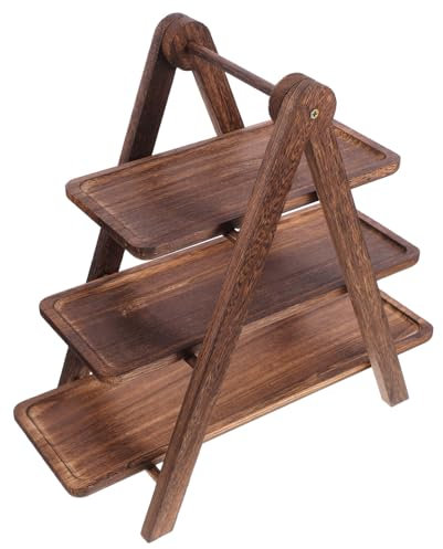 DEARMAMY Wooden 3 Tier Serving Tray, Foldable Three Tiered Cupcake Stand Rustic Serving Platter Farmhouse Tiered Tray Food Display Tray for Wedding Birthday Party
