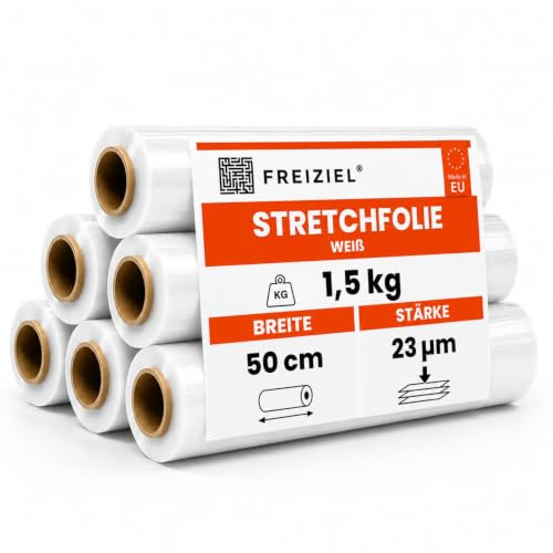 Freiziel® 6 x Stretchfolie 50cm 1,5 kg 23my (weiß) Wickelfolie, Packfolie, Folie für Möbel und Umzug