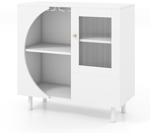 GIANTEX Moderner Küchenschrank, Sideboard mit Gläserhalter, 2 offene Regale, Tür aus gehärtetem Glas, Schublade, platzsparend, aus Holz für Küche, Esszimmer, Wohnzimmer, weiß