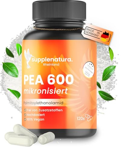 PEA Kapseln | MIKRONISIERT: 1200mg Palmitoylethanolamid pro Dosis | 120 Kapseln | 100% Pure Pea, Laborgeprüft | Produziert in Deutschland - SUPPLENATURA®