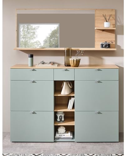 Lomadox Garderoben Set Spiegel mit Ablagen und Schuhschrank grün matt mit Eiche