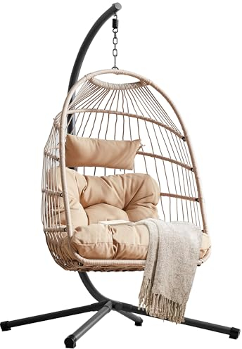 Blisswood Swing Egg Chair, Rattan Hanging Egg Chair With Cushion, Foldable, Outdoor Indoor, Garden Patio Hammock Chair With Stand & Adjustable Height, upto 160 Kg Weight Capacity (Natural)