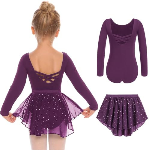 Arshiner Kinder Ballettkleidung Langarm Mädchen Ballettanzug Ballettkleid Zweiteiliges Kinder Balette Kleidung mit Tütü Tanztrikot Kleinkind Ballerina Kleid Dunkelviolett 140 5-6 Jahre