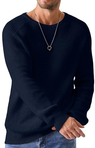 Elegancity Herren Rundrals Pullover Navy Blau Einfarbig Strickpullover Loose Fit Grobstrick Pulli Warm Sweater Langarmshirt XXL