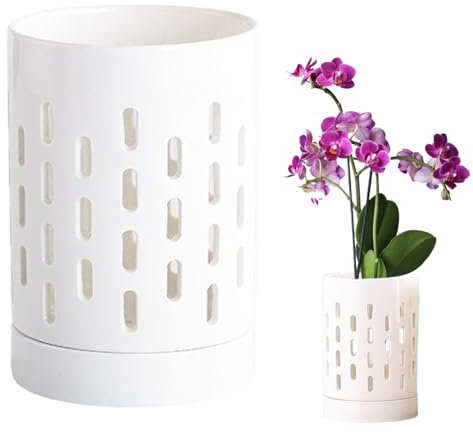 DAGLLGEW Orchid Pots with Holes Ceramic Orchid Pot with Drainage Holes & Saucer Breathable Orchid Planter Promotes Air Circulation Plant Pot Double As Utensils Holder White