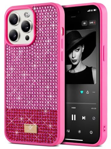BEZ Phone Case for iPhone 15 Pro Max Case Glitter, with Bling & Co. Series, Sparkle Diamond Crystal Bling Cover for iPhone 15 Pro Max, Barbie Pink