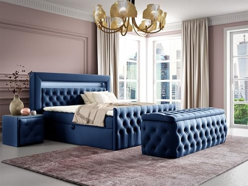 Fun Möbel Boxspringbett Schlafzimmerbett Ernesto Nr.4 inkl. Polsterhocker und 2 x Nachttisch (Blau, 180x200cm)