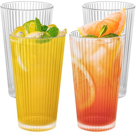 Wiederverwendbare Plastikbecher, 4er-Set Kunststoffbecher für Kinder und Erwachsene, 600 ml, zum Trinken von Wasser, Saft, unzerbrechliche und langlebige Kunststoffbecher (Vertikale Streifen)