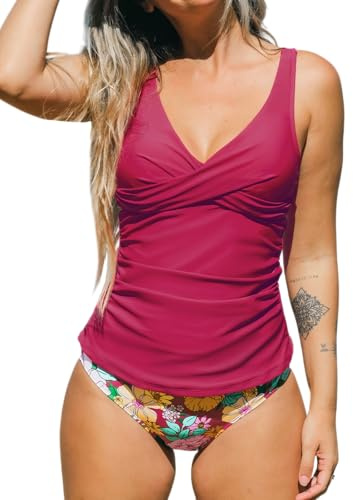 CUPSHE Conjunto de tankini para mujer, traje de baño de dos piezas, tiro medio, con fruncido frontal fruncido
