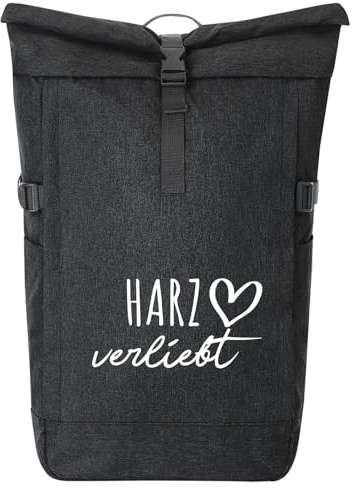 Huuraa Kurierrucksack Harz verliebt 30-44 Liter Black Melange Fairtrade Rolltop Rucksack Geschenkidee