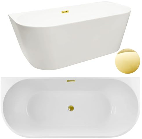 AQUAUNO Freistehende Acrylbadewanne 150x75 cm zur Wandmontage aus hochwertigem Sanitäracryl – mit Klick-Klack-Ablauf, Überlauf, Abdeckung, Ablaufgarnitur in Spiegelgold – Design Badewanne
