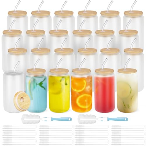Loyaboho Lot de 36 verres à boire avec paille en verre et couvercles en bambou – 473 ml – Gobelet transparent en forme de canette de bière – Gobelets pour cocktail, cola, jus, soda, thé, eau | Coffret