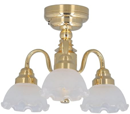 BSTCAR Dollhouse Ceiling Light 1:12 Scale 3 Heads Battery Powered Metal Glass Dollhouse Miniature Chandelier for Decoration