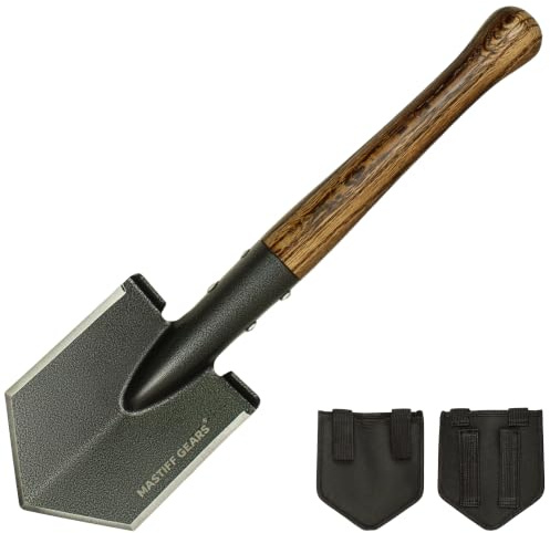 MASTIFF GEARS Taktische Überlebensschaufel – 43 cm / 17in, Axt-/Macheten-Ersatz, HRC 42–48 1050 Stahlspaten, handgekarbonisierter Hartholzgriff und MOLLE-Scheide für Camping, Wandern, Off-Road-Notfall