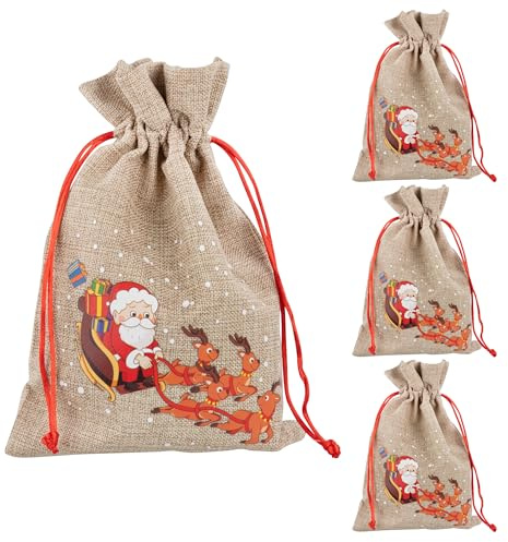 Idena 90492 - Weihnachtsgeschenkesäcke ca. 15 x 22 cm, 4 Stück, Stoffbeutel mit Weihnachtsmann im Rentierschlittten, Weihnachtssack mit roter Kordel