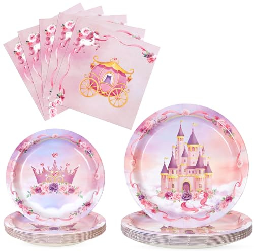 WERNNSAI Princess Party Decorations - 48 PCS Princess Birthday Decorations Set Plates Napkins Castle Crown Design for Pink Themed Party Picnic Wedding Serves 16 Guests
