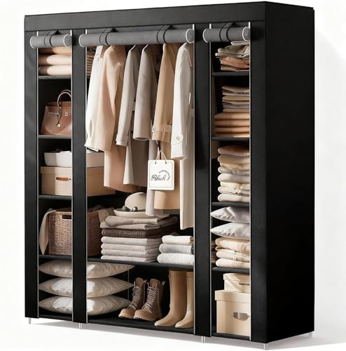 Ribech Kleiderschrank aus Stoff, 45x150x175cm, Metallrahmen mit Vlies-Staubschutz, Kleiderstange, Schwarz, Schlafzimmer Aufbewahrungssystem