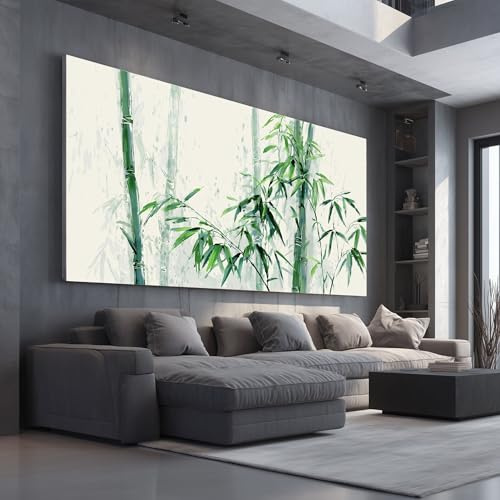 Aquarell Bambus Leinwandbilder Wandbilder für Wohnzimmer und Schlafzimmer | 80x160cm Rahmenlos Minimalistisch Grünes Blatt Kunstdruck auf Leinwand Handschriftliche Kunst mit Händen Wanddeko