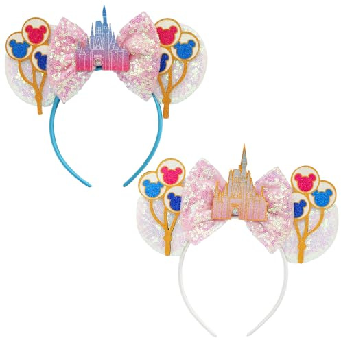Eudomis 2 Pack Mouse Ears Headband, Sequin Pink Mouse Ears, with Castle Bows, Princess Style Hair Accessories for Women Girls, Theme Park, Party, Cosplay Costume Decor, Daily Wear
